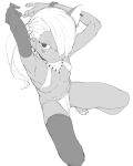  1girl absurdres adjusting_hair ancient_egyptian ancient_egyptian_clothes arms_up black_thighhighs blush blush_stickers bracelet covered_nipples dark-skinned_female dark_skin earrings elbow_gloves flat_chest gloves greyscale hair_over_one_eye highres jewelry looking_at_viewer monochrome multiple_earrings no_pupils one_eye_covered original overdrawn_eyeliner pelvic_curtain revealing_clothes simple_background single_animal_ear single_elbow_glove single_glove single_thighhigh sling_bikini_top solo squatting striped_clothes thighhighs white_background zettai_yarumoni 