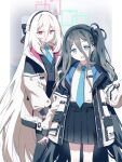  2girls absurdly_long_hair aqua_necktie aris_(blue_archive) black_hair black_skirt black_thighhighs black_vest blue_archive blue_eyes bow bright_pupils closed_mouth coat collared_shirt dot_nose hair_between_eyes hair_bow hairband halo highres kei_(blue_archive) kei_(new_body)_(blue_archive) long_hair long_sleeves looking_at_viewer migolu multiple_girls necktie one_side_up open_clothes open_coat open_mouth pleated_skirt red_eyes ringed_eyes shirt shirt_tucked_in skirt smile standing thighhighs very_long_hair vest white_coat white_hair white_pupils white_shirt 