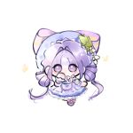  1girl absurdly_long_hair ankle_bow apron bare_shoulders blunt_bangs bow bow_apron bowtie bug butterfly chibi chinese_commentary commentary_request country_lolita detached_sleeves double_bun dress fengmi_youzi_hua flower frilled_dress frilled_headwear frilled_sleeves frilled_wrist_cuffs frills hair_bun hair_intakes hand_on_own_face hat hat_bow hat_flower hat_ornament highres infinity_nikki lace-trimmed_apron lace_trim large_bow leaf_hat_ornament light_blush lolita_fashion long_hair looking_at_viewer low_twintails medium_dress mob_cap nikki_(series) no_mouth pink_bow pink_bowtie plaid_clothes plaid_sleeves puffy_short_sleeves puffy_sleeves purple_bow purple_dress purple_eyes purple_hair purple_hat purple_shoes purple_sleeves purple_wrist_cuffs shoes short_sleeves simple_background single_stripe solo standing striped_bow tareme twintails very_long_hair waist_apron wavy_hair whispers_of_bliss_(infinity_nikki) white_apron white_background white_flower wrist_cuffs yellow_butterfly 