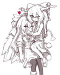  2girls ball_and_chain_restraint bird_wings blush bow breasts cape center_frills closed_eyes commentary feathered_wings frills greyscale hair_bow hand_on_another's_face headpat heart highres horn_ornament horn_ribbon horns ibuki_suika korean_commentary long_hair medium_breasts monochrome multiple_girls oni puffy_short_sleeves puffy_sleeves rampa93 reiuji_utsuho ribbon shirt shoes short_sleeves skirt socks spot_color thighhighs third_eye third_eye_on_chest touhou wings 
