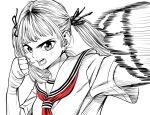  1girl breasts commentary_request fighting_stance hair_ribbon hand_wraps highres lee_(dragon_garou) monochrome motion_lines neckerchief open_mouth original pov punching red_neckerchief ribbon school_uniform serafuku serious small_breasts solo spot_color twintails 