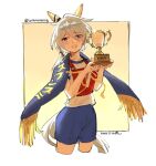  1girl animal_ears blue_eyes blue_hair blue_shorts blush breasts collarbone commentary_request ear_covers gym_shirt hair_between_eyes highres holding holding_trophy horse_ears horse_girl horse_tail k.s.miracle_(umamusume) looking_at_viewer open_mouth race_bib saramiao-chan shirt short_hair short_sleeves shorts smile solo sweat tail trophy umamusume white_shirt 