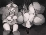 anthro ass_up balls bar bdsm bdsm_gear bdsm_outfit big_balls big_butt big_penis bit_gag black_and_white bodily_fluids bondage_straps bound breasts butt dripping gag genital_fluids genitals halo-pano hanging_from_ceiling hanging_from_rope harness hi_res leaking_precum legs_tied looking_at_viewer male mammal monochrome nipples penis precum precum_drip precum_string procyonid raccoon raised_arm rut service simple_background thick_thighs wide_hips wrists_together