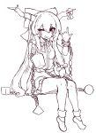  1girl :q absurdres ball_and_chain_restraint blush bottle bow bowtie breasts closed_mouth commentary frilled_skirt frills greyscale hair_bow highres holding holding_bottle horn_bow horn_ornament horns ibuki_suika korean_commentary long_hair looking_at_viewer medium_breasts monochrome oni rampa93 shirt shoes sitting skirt smile socks solo tongue tongue_out touhou very_long_hair 