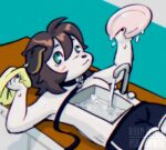 2025 anthro artist_name blush bottomwear brown_hair canid canine canis closed_smile clothed clothing collar digital_drawing_(artwork) digital_media_(artwork) domestic_dog english_description female hair holding_object holding_plate holding_rag joan_(salamanding) kitchen_sink leash leashed_collar looking_at_viewer lying mammal mouth_closed on_back plate rag salamanding shorts sink sinkdog smile solo text topless topless_anthro topless_female watermark