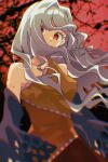  1girl bare_shoulders black_sleeves breasts brown_dress collarbone commentary_request covered_mouth detached_sleeves dress floating_hair hair_intakes highres katsuragi_atori long_hair looking_at_viewer medium_breasts multicolored_dress orange_dress red_eyes sakata_nemuno single_strap solo touhou twitter_username upper_body yellow_dress 