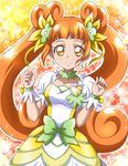  bow brooch brown_hair choker cowboy_shot cure_rosetta dokidoki!_precure double_bun flower green_bow green_choker hair_flower hair_ornament hanzou jewelry long_hair looking_at_viewer magical_girl multicolored multicolored_background precure skirt smile solo sparkle twintails wrist_cuffs yellow_eyes yotsuba_alice 