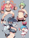  3girls ahoge bandages belt beltbra bike_shorts black_hair black_shorts blank_eyes blue_background blue_hair bracelet breasts cellphone chibi crop_top cropped_legs disgaea dress female_warrior_(disgaea) fighting_stance green_eyes green_hair hair_ribbon hairband hand_on_hip jewelry kunoichi_(disgaea) large_breasts long_hair mask multiple_girls ninja open_mouth phone pink_dress pleinair pointy_ears red_eyes ribbon short_hair shorts simple_background sinner_(disgaea) smartphone smile spiked_hair standing stuffed_animal stuffed_bunny stuffed_toy sweat topless v very_short_hair white_hair zako_(arvinry) 