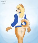  2016 anthro blonde_hair bottomless brown_eyes butt canine clothed clothing corporalbackrubs digital_media_(artwork) dog female finnish_spitz fur furgonomics hair hi_res jacket long_hair looking_back mammal orange_fur rear_view simple_background smile solo spitz 