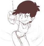  1girl black_hair conoghi freckles holding luna_loud monochrome panties radio solo the_loud_house underwear 