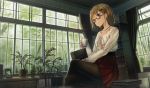  book brown_hair drink glasses original pantyhose purple_eyes short_hair skirt yu_ni_t 