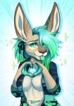 anthro black_nose blue_hair breasts brown_body brown_fur clothed clothed_female clothing ear_piercing female fur furgonomics furry-specific_piercing gesture green_eyes green_hair hair heart_gesture heart_symbol hi_res kangaroo macropod mammal marsupial piercing pouch_(anatomy) pouch_piercing solo thecatnamedfish tongue tongue_out
