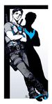  1boy belt blue_eyes crossed_arms dc_comics dick_grayson escrima_stick holster leaning male_focus nightwing short_sleeves silhouette sneakers spot_color standing thigh_strap 