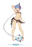  absurdres arm_behind_head arm_up armpits ass_visible_through_thighs ball_and_chain barefoot bikini black_bikini black_sarong blue_eyes blue_hair breasts chain character_name closed_mouth collarbone covered_nipples full_body groin hair_ornament hair_over_one_eye highres holding holding_weapon legs_apart looking_at_viewer navel polka_dot polka_dot_bikini polka_dot_sarong re:zero_kara_hajimeru_isekai_seikatsu rem_(re:zero) sarong sarong_lift short_hair side-tie_bikini sideboob simple_background small_breasts smile solo spikes standing stomach swimsuit transparent underboob upskirt weapon white_background x_hair_ornament zxj 