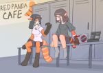 ailurid anthro black_body black_fur blood blood_transfusion blush bodily_fluids cafe clothed clothing computer digitigrade duo electronics english_text female fur fur_growth growth hi_res human inside laptop locker locker_bench locker_room makc_manynumbrz mammal mid_transformation orange_body orange_fur red_panda secretly_loves_it sign snout snout_growth tail tail_growth tan_body tan_fur text themed_building transformation translucent