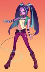  1girl aria_blaze aria_blaze_(human) arm_at_side bare_arms bare_shoulders belt black_belt black_choker blue_hair blunt_ends boots breasts brown_boots choker cleavage closed_mouth collarbone collared_jacket colored_skin curtained_hair equestria_girls:_rainbow_rocks eyeshadow fingernails forehead frown full_body gem gradient_background green_jacket hair_ornament high_heel_boots high_heels highres holding holding_microphone ikirunosindo jacket knee_boots legs_apart long_hair makeup microphone multicolored_hair multiple_belts my_little_pony my_little_pony:_equestria_girls my_little_pony:_friendship_is_magic open_clothes open_jacket orange_background outstretched_arm pants pink_pants platform_boots purple_eyes purple_eyeshadow purple_hair purple_skin red_background red_gem shirt sideways_glance simple_background skinny sleeveless sleeveless_jacket sleeveless_shirt small_breasts solo standing star_(symbol) star_hair_ornament streaked_hair torn_clothes torn_jacket tsurime twintails two-tone_background two-tone_hair v-shaped_eyebrows very_long_hair 