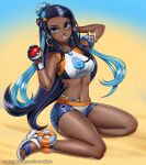  1girl :d arm_behind_head armlet armpits bare_arms bare_legs bare_shoulders belly_chain belt black_hair blue_background blue_eyes blue_eyeshadow blue_gem blue_gloves blue_hair blue_shorts breasts commentary dark-skinned_female dark_skin ear_piercing earrings eyeshadow forehead full_body gem gloves gold_armlet gold_earrings gradient_background grin hair_bun half_gloves half_updo hand_up holding holding_poke_ball hoop_earrings jewelry lips long_hair looking_at_viewer makeup midriff multicolored_hair navel nessa_(pokemon) orange_belt partially_fingerless_gloves patreon_username piercing platform_sandals poke_ball pokemon pokemon_swsh racoon-kun sandals shirt shorts sidelocks simple_background single_glove single_hair_bun sitting sleeveless sleeveless_shirt small_breasts smile solo streaked_hair toenails toes two-tone_background two-tone_hair very_dark_skin very_long_hair web_address white_sandals white_shirt white_shorts wristband yellow_background yokozuwari 
