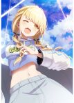  1girl absurdres blonde_hair blue_shirt blush braid breasts commentary eternalgreen fang fujita_kotone gakuen_idolmaster highres idolmaster jacket long_hair medium_breasts midriff navel one_eye_closed open_clothes open_jacket open_mouth outdoors pants shirt short_sleeves skin_fang sky solo twin_braids white_jacket white_pants yellow_eyes 