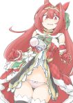  1girl akara_kai animal_ears blush breasts clothes_lift commentary_request daiwa_scarlet_(scarlet_nuit_etoile)_(umamusume) daiwa_scarlet_(umamusume) disembodied_hand dress dress_lift fang gloves hair_down hair_intakes highres horse_ears horse_girl lifting_another's_clothes lifting_own_clothes long_hair official_alternate_costume official_alternate_hairstyle panties pink_panties red_dress red_eyes red_gloves santa_costume shy simple_background skin_fang umamusume underwear white_background wide-eyed 