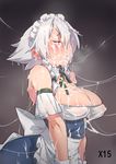  1girl apron bare_shoulders blush braid breasts cleavage cum cum_on_body cum_on_hair cum_on_upper_body cum_string detached_collar dress eyes_closed facial green_ribbon hair_ribbon izayoi_sakuya large_breasts maid_headdress open_mouth ribbon simple_background solo sweat touhou tress_ribbon try twin_braids upper_body white_background 