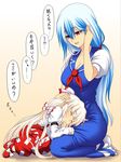  alternate_hairstyle baggy_pants blue_dress bow breasts cleavage commentary dress fujiwara_no_mokou hair_bow hair_flip hand_on_another's_head hijikawa_arashi kamishirasawa_keine lap_pillow long_hair looking_down low_ponytail medium_breasts multiple_girls neckerchief no_hat no_headwear pants parted_lips puffy_short_sleeves puffy_sleeves red_eyes red_pants seiza short_sleeves sitting sleeping sleeping_on_person smile socks tied_hair touhou translated white_bow white_legwear younger zzz 