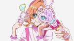  1girl akechi_anna blush commentary double_bun eyelashes finger_gun frilled_shirt frills hair_bun hands_up heart_stick highres holding_lightstick htr_it jewelry lightstick long_sleeves meitantei_precure! necklace orange_hair parted_bangs precure purple_hair purple_shirt see_through shirt smile solo solo_focus suspenders twintails twitter_username untranslatable_commentary upper_body watermark 