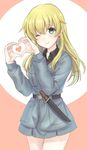  1girl blonde_hair carpaccio girls_und_panzer green_eyes heart knife long_hair military_uniform skirt totonii_(totogoya) 