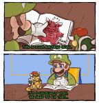 2025 2_panel_comic 3_toes 4_fingers anthro armband arms_bent artist_name big_nose black_armband black_border black_bracelet black_eyebrows blue_clothing blue_eyes blue_overalls blue_wall blush blush_lines book border bowser bracelet brown_facial_hair brown_hair brown_mustache chair claw_fingers claw_toes claws closed_frown clothed clothed_human clothed_male clothing colored comic crossed_arms dialogue digital_drawing_(artwork) digital_media_(artwork) disney drawing_(object) duo english_description english_text eye_contact eyebrows facial_hair fangs feet fingers frown frowning_at_another fully_clothed fully_clothed_human fully_clothed_male furniture gesture gloves green_clothing green_hat green_headwear green_shell green_shirt green_topwear grumpy hair hand_gesture hands_together handwear hat headgear headwear hi_res horn human inside jewelry king koopa larger_human larger_male light lighting lilo_and_stitch looking_at_another looking_at_book looking_at_object luigi male male_anthro male_human mammal mario_bros meme mouth_closed multicolored_body multicolored_scales mustache nintendo on_chair on_table open_book open_mouth overalls pawpads pointing red_eyebrows red_eyes red_hair royalty scales scalie shaded shell shirt short_hair shyblacksheep sitting sitting_on_chair sitting_on_table size_difference smaller_anthro smaller_male spiked_armband spiked_shell spikes spikes_(anatomy) table tail talking_to_another tan_body tan_pawpads tan_skin teeth text thick_eyebrows this_is_your_x_level toes topwear wall_(structure) white_claws white_clothing white_gloves white_handwear white_horn white_spikes wood wood_furniture wood_table yellow_body yellow_scales yellow_tail