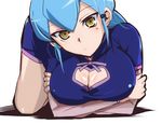  :o blue_hair breasts cardfight!!_vanguard cleavage_cutout crossed_arms dress gillian_chen hair_ornament large_breasts long_hair looking_at_viewer lying oda_koziki on_stomach solo top-down_bottom-up tsurime yellow_eyes 