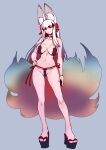  1girl animal_ear_fluff animal_ears breasts cameltoe collarbone commentary_request contrapposto fox_ears fox_girl fox_tail grey_background hand_on_own_hip head_tilt highres hisahiko kitsune kyuubi large_breasts large_tail long_hair multiple_tails navel original platform_sandals red_eyes sandals simple_background solo standing tail variant_set white_hair 