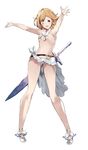  ;d akiha_(attract) armpits arms_up bad_id bad_twitter_id bare_legs behind_back belt beltbra blush bow breasts brown_eyes collarbone djeeta_(granblue_fantasy) full_body granblue_fantasy legs_apart navel official_style one_eye_closed open_mouth orange_hair outstretched_arms sarong shoes simple_background small_breasts smile solo standing stomach sword underboob weapon white_background white_bow white_footwear 