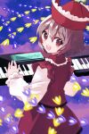  1girl :d blush brown_hair commentary_request frilled_hat frilled_vest frills from_behind hair_between_eyes hair_ornament happy hat highres instrument katsuragi_atori keyboard_(instrument) long_sleeves looking_at_viewer looking_back lyrica_prismriver music open_mouth playing_instrument puffy_sleeves red_eyes red_hat red_vest shirt shooting_star_hair_ornament short_hair sky smile solo standing star_(symbol) star_hair_ornament touhou upper_body vest 