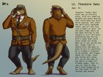  2014 4_toes anthro barefoot beard belt black_nose blue_eyes brown_fur brown_hair bulge claws clothed clothing digital_media_(artwork) digitigrade english_text facial_hair fur gradient_background hair hat hindpaw lieutenant looking_at_viewer male mammal medal military military_uniform model_sheet multicolored_fur mustelid necktie otter pants paws rov salute signature simple_background solo standing tan_fur text theodore_oaks toe_claws toes two_tone_fur uniform 