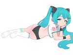  1girl aqua_eyes aqua_hair ass black_shorts body_blush breasts clenched_hand closed_mouth commentary_request cropped_shirt hair_ornament hairpin half-closed_eyes hand_on_own_cheek hand_on_own_face hatsune_miku head_rest highres kneehighs korean_commentary light_smile looking_at_viewer lying median_furrow medium_breasts micro_shorts monster_l_(hochihochiha) on_side on_stomach shirt shorts sidelocks simple_background socks solo twintails underboob vocaloid white_background white_shirt white_socks wristband 