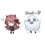  2girls ahoge asymmetrical_legwear black_cardigan black_skirt black_socks bow bowtie brown_hair cardigan chibi chibi_only closed_eyes closed_mouth collared_shirt commentary_request demon_horns english_text evil_neuro-sama ghost_costume hair_between_eyes hair_ribbon hand_on_own_hip highres horns long_sleeves multiple_girls neuro-sama red_bow red_bowtie red_ribbon ribbon roaring sheet_ghost shirt siblings simple_background sisters skirt socks standing sweatdrop twins two_side_up uneven_legwear v-shaped_eyebrows vedal_ai virtual_youtuber white_background white_shirt yebiyo1206 