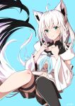  1girl absurdres ahoge animal_ear_piercing animal_ears black_thighhighs blue_background blue_neckerchief braid breasts closed_mouth commentary_request detached_sleeves double-parted_bangs feathermage feet_out_of_frame fox_ears fox_girl fox_tail front_slit green_eyes hair_between_eyes hands_on_own_chest highres hololive long_hair looking_at_viewer navel neckerchief shirakami_fubuki shirakami_fubuki_(1st_costume) shorts side_braid sidelocks single_thighhigh sitting smile solo tail thighhighs virtual_youtuber white_hair white_sleeves 
