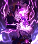  1girl artist_name asymmetrical_sleeves blunt_bangs blurry blurry_background braid breasts bridal_gauntlets cleavage closed_mouth covering_one_eye electricity english_commentary genshin_impact glowing glowing_eyes hair_ornament highres holding holding_weapon huge_breasts human_scabbard japanese_clothes kimono long_braid looking_at_viewer mitsudomoe_(shape) mole mole_under_eye musou_isshin_(genshin_impact) nebullak off_shoulder powering_up purple_background purple_eyes purple_hair purple_kimono raiden_shogun red_lips tomoe_(symbol) twitter_username uneven_sleeves upper_body weapon 