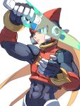  1boy absurdres armor black_eyes blonde_hair blue_eyes commentary_request cowboy_shot forehead_jewel helmet highres long_hair male_focus mega_man_(series) mega_man_x_(series) mega_man_zero_(series) omochi_(mochi_skymega) red_armor red_helmet simple_background solo white_background zero(z)_(mega_man) zero_(mega_man) 