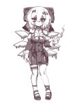  1girl alternate_costume between_fingers bow bowtie breasts cigarette cirno collarbone commentary cross_pendant detached_sleeves full_body greyscale hair_bow hair_ornament highres holding ice ice_wings korean_commentary leg_ribbon looking_at_viewer medium_breasts medium_hair monochrome pendant_choker rampa93 ribbon shoes skirt smoking solo thigh_strap touhou wings x_hair_ornament 