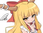  1girl blonde_hair blush bow bowtie brown_horns closed_mouth commentary_request hair_bow horns ibuki_suika looking_at_viewer oni ramudia_(lamyun) red_bow red_bowtie shirt simple_background solo squiggle touhou white_background white_shirt wrist_cuffs yellow_eyes 