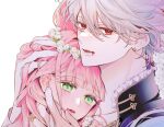  1boy 1girl absurdres b_etty01tm blood blood_on_mouth blunt_bangs cape close-up commentary_request earrings flower frilled_cape green_eyes hair_between_eyes hana_himeru_kimi_no_meteor hand_on_another's_head head_wreath highres jewelry lavi_van_valentin looking_at_viewer parted_lips pink_hair red_eyes slit_pupils star-shaped_pupils star_(symbol) stella_quinwich symbol-shaped_pupils vampire white_background white_flower 