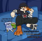 2026 3_toes animate_inanimate anthro barefoot beanie calico_cat cheese_puffs claws clothing comedy_central crumbs crumbs_on_face dialogue domestic_cat duo duskfenra eating english_text epic_games fangs feet felid feline felis female finger_claws fortnite furniture hat headgear headwear male mammal meow_skulls on_sofa pawpads plantigrade plantigrade_pawpads sitting sitting_on_sofa snack sofa south_park teeth text toe_claws toes towelie yellow_eyes