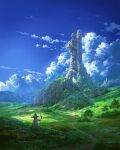  1girl black_hat blue_hair blue_sky braid braided_ponytail brown_cloak cloak cloud commentary cumulonimbus_cloud cyclecircle day dirt_road english_commentary facing_away from_behind grass hat highres holding holding_staff long_braid mage_staff mountainous_horizon mushoku_tensei outdoors road rock roxy_migurdia scenery sky solo staff tower tree wide_shot witch_hat 