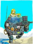  1boy beach blue_sky commentary_request glass_cockpit hands_on_ground highres horizon mecha mecha_focus merman monster_boy monster_girl original robot shore sky solo tentacles water yabarn 