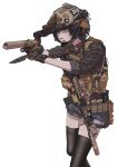 1girl absurdres ammunition_pouch black_hair black_thighhighs blue_shorts brown_vest bulletproof_vest collar combat_helmet commentary commission ear_protection english_commentary flannel fn_fnx green_eyes gun gun_sling handgun headphones helmet highres holding holding_gun holding_knife holding_weapon knife microphone n0bitaa night_vision_device open_mouth original plaid_clothes plaid_shirt pouch purple_shirt red_collar scope shirt short_hair short_shorts shorts simple_background solo suppressor thighhighs union_jack vest watch weapon weapon_request white_background wristwatch 
