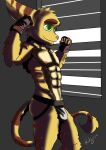 absurd_res anthro digital_media_(artwork) fur green_eyes hi_res lombax male mammal muscular muscular_male ratchet_(ratchet_and_clank) ratchet_and_clank rivet_(ratchet_and_clank) rockeythelombax solo sony_corporation sony_interactive_entertainment stripes tail yellow_body yellow_fur