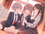  3girls absurdres black_jacket blazer blue_eyes blush breasts brown_eyes brown_hair brown_skirt cleavage closed_mouth collared_shirt commentary_request day diagonal-striped_clothes diagonal-striped_necktie dutch_angle girl_sandwich grey_hair hair_intakes hand_on_another's_hip hand_on_another's_thigh highres jacket large_breasts light_particles locker long_hair long_sidelocks long_sleeves loose_necktie miniskirt multiple_girls necktie on_floor open_clothes open_collar open_jacket open_mouth original plaid_clothes plaid_skirt pleated_skirt ponytail purple_eyes red_necktie sandwiched school_uniform shirt short_hair sidelocks sitting skirt smile striped_clothes voice_drama_available wariza white_shirt window yoshino_ryou yuri 