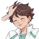  1boy 1other :p absurdres blue_shirt blush brown_hair closed_mouth collared_jacket commentary crew_neck double-parted_bangs english_commentary haikyuu!! hair_between_eyes hand_on_another's_head highres jacket male_focus oikawa_tooru_(haikyuu!!) popped_collar shirt smile solo_focus tongue tongue_out unzipped yokomiro_chan 