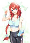  1girl :d abstract_background absurdres arm_up bare_shoulders black_pants blue_eyes blue_shirt bottle braid breasts cleavage commentary_request cowboy_shot crop_top elf feathermage highres holding holding_bottle incoming_drink large_breasts long_hair looking_at_viewer midriff misato_(princess_connect!) navel open_mouth pants pointy_ears princess_connect! red_hair shirt sidelocks smile solo tank_top thigh_gap wristband 