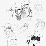 angry anthro asriel_dreemurr black_body black_fur boss_monster_(undertale) bovid bracelet cape caprine clothing coat darkner deltarune english_text eyes_closed fangs fatz_geronimo female frown fur goat group guide_lines gun hair hair_over_eyes handgun hat headgear headwear heart_(marking) hi_res horn human jewelry kris_dreemurr male mammal markings monochrome obscured_eyes pistol ralsei ranged_weapon reptile robe scalie sharp_teeth simple_background sketch smile spiked_bracelet spikes susie_(deltarune) teeth text toothy_grin topwear trio undertale undertale_(series) weapon white_background